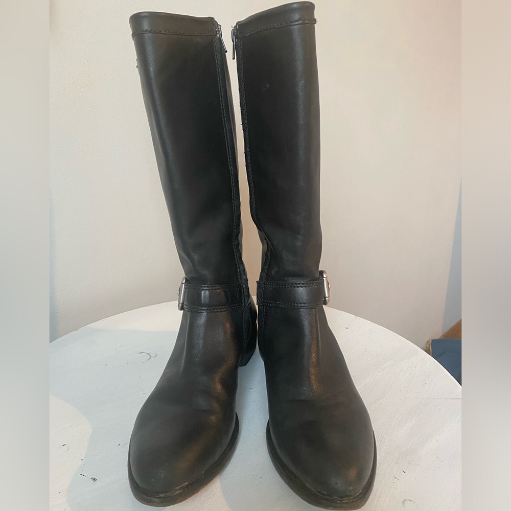 Anthropologie Black Leather Buckle Riding Boots Low Heel Corso Como